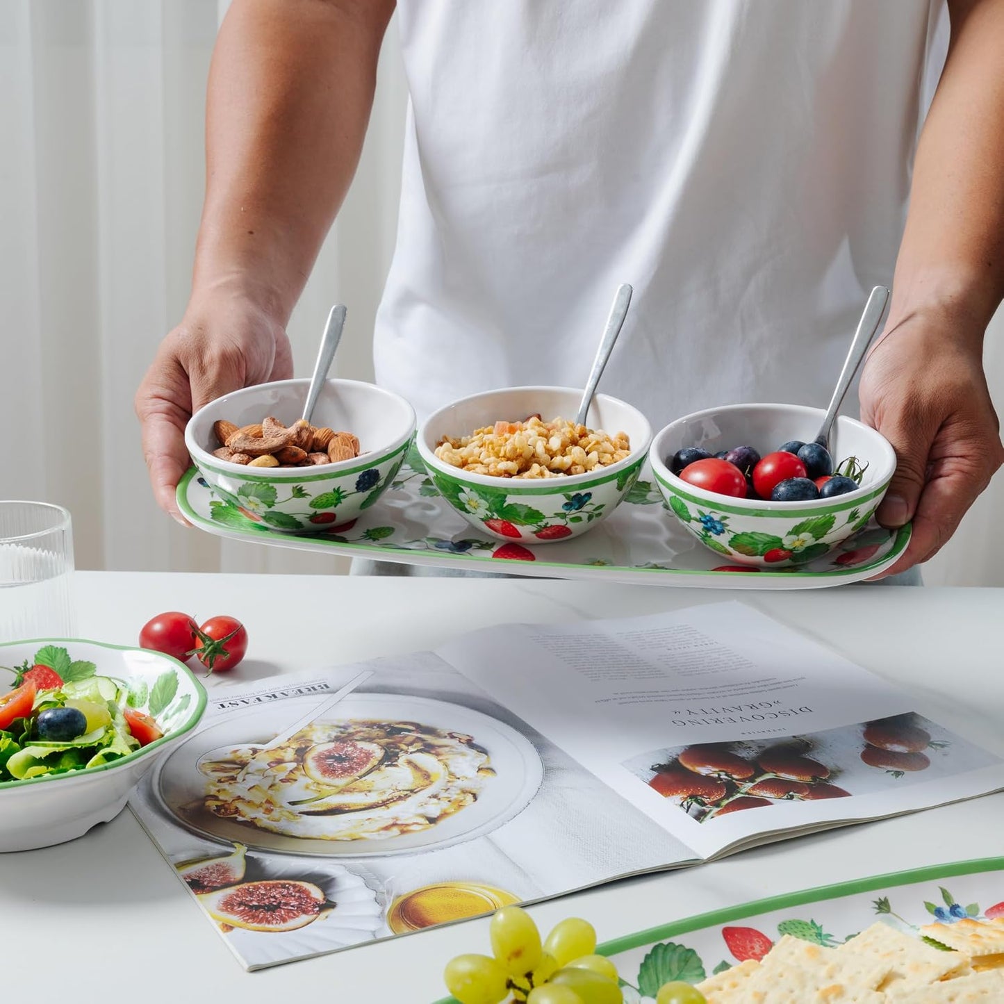 LEHAHA Coastal Chip and Dip Serving platter Set, Set of 3, Melamine Bowl and Tray Gift Set,Serving Dishes for Entertaining, Small Serving Bowls for Side Dishes, Salsa, Appetizers, Condiments.