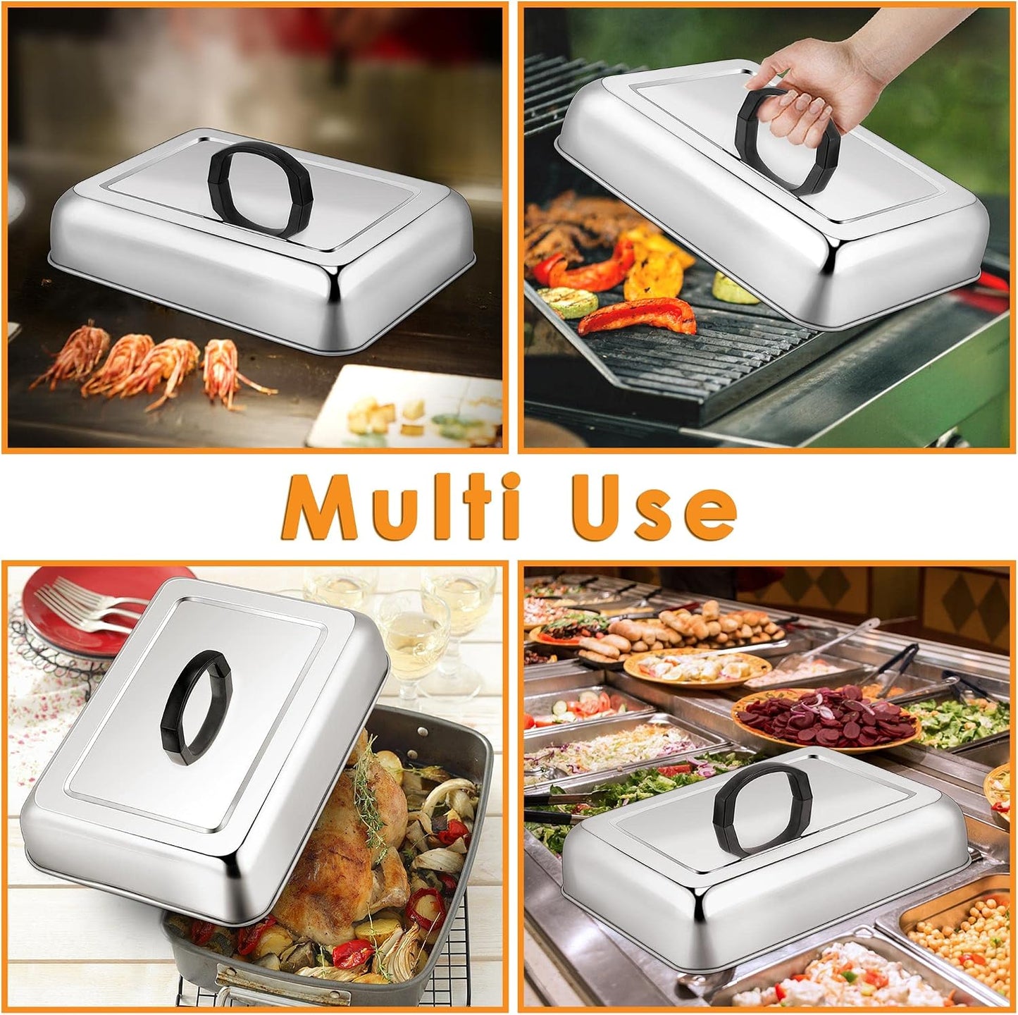 Leonyo 13 x 9 Inch Rectangular Basting Cover Set of 2, Stainless Steel Cheese Melting Dome Lid with Adjustable Vent Heavy Duty for Outdoor&Indoor Flat Top Griddle Accessories Teppanyaki BBQ Grilling
