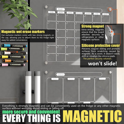 Acrylic Magnetic Dry Erase Calendar for Fridge Clear Monthly Whiteboard Planner Erasable Planning Board White 16" x 12" w/ 6 Color Wet Erase Marker