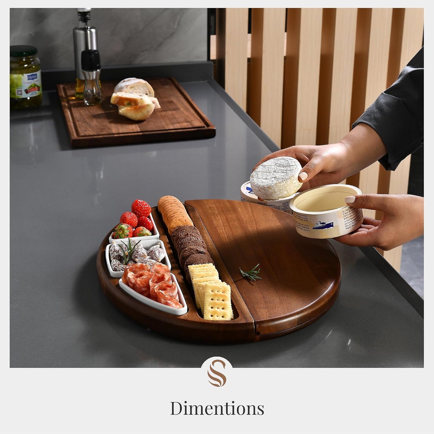 Shanik Acacia Wood Lazy Susan Cheese Board Set – Rotating Charcuterie Platter, Elegant Serving Tray for Appetizers, Snacks, Parties & Weddings