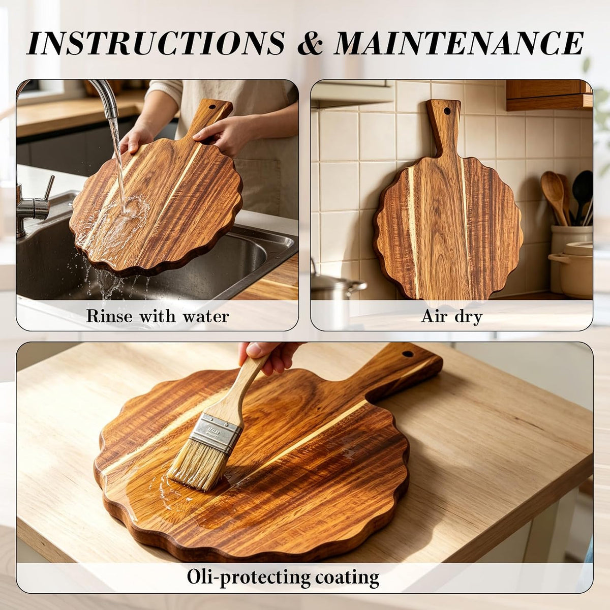 2Pcs Acacia Wood Scalloped Cutting Board with Handle Wooden Chopping Board Decorative Cutting Boards for Kitchen Decor Charcuterie Boards Serving Tray for Cheese Bread Pizza Fruit Meat