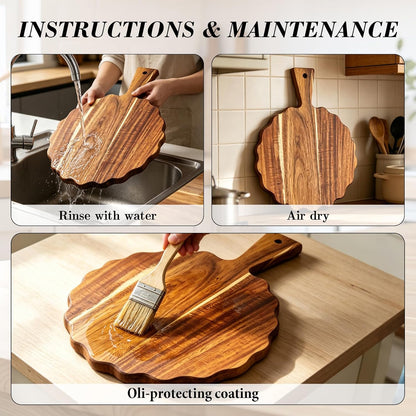 2Pcs Acacia Wood Scalloped Cutting Board with Handle Wooden Chopping Board Decorative Cutting Boards for Kitchen Decor Charcuterie Boards Serving Tray for Cheese Bread Pizza Fruit Meat