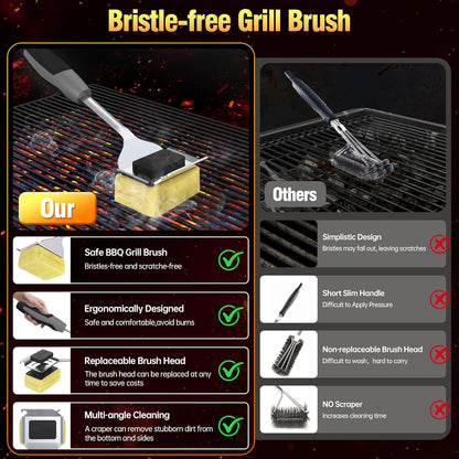 Grill Brush Bristle Free for Outdoor Grill, Steam Grill Cleaning Brush Replaceable BBQ Cleaner Brush Head,Extended Handle, Safe Grill Brush with Scraper for Cast Iron Stainless-Steel Grates,Black