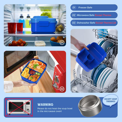 DaCool Upgraded Kids Lunch Box with Thermo for Hot Food 1400ml Child Bento Box for Kids with 5oz Small Thermo for Boys Girls with Fork Spoon Leakproof for Dining Out School Work Picnic, Blue