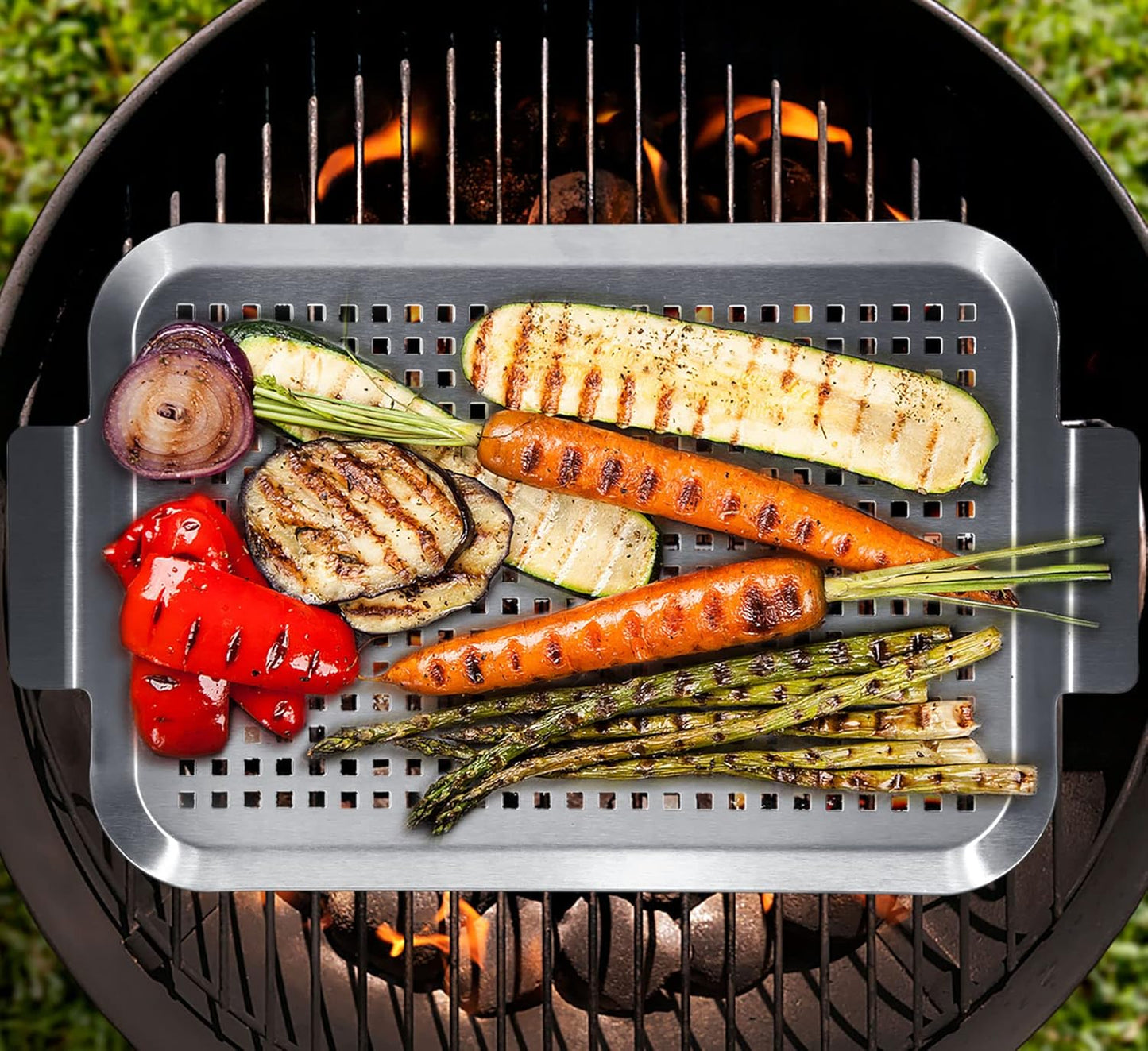 Grill Pan Set of 2, BBQ Grill Topper for Outdoor Grill, Stainless Steel Grilling Baskets with Holes and Handles, Perforated Food Tray Barbecue Accessories for Vegetable, Fish, Meat, Seafood