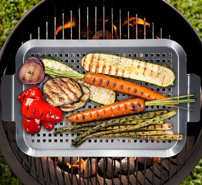 Grill Pan Set of 2, BBQ Grill Topper for Outdoor Grill, Stainless Steel Grilling Baskets with Holes and Handles, Perforated Food Tray Barbecue Accessories for Vegetable, Fish, Meat, Seafood