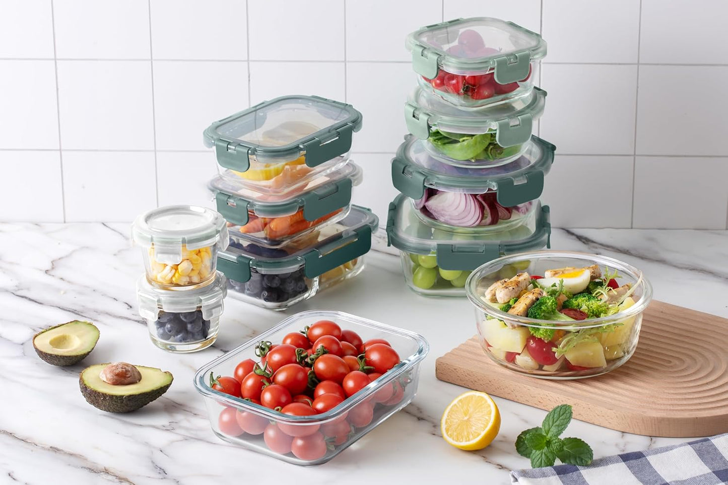 COOK WITH COLOR Premium 32-Pc. Borosilicate Glass Food Container Set with Dividers - 4 Rectangles, 8 Rounds, 4 Squares - Leakproof Lids - Meal Prep, Storage, Fluted Ombre Green