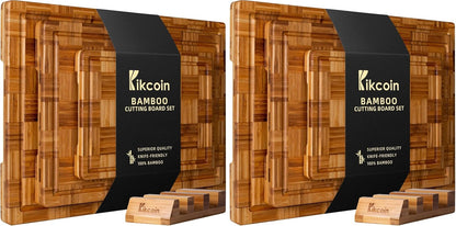 Kikcoin Extra Large Bamboo Cutting Boards, (Set of 3) Chopping Boards with Juice Groove Bamboo Wood Cutting Board Set Butcher Block for Kitchen, End Grain Serving Tray
