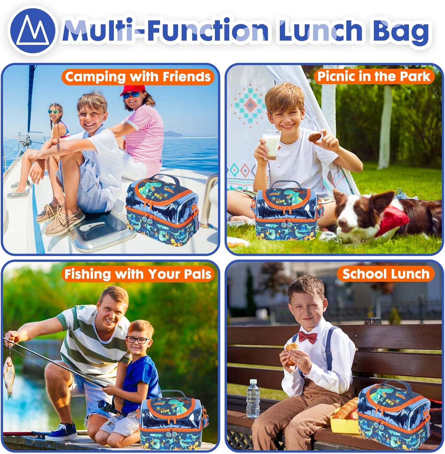 Kids Double Decker Cooler Insulated Lunch Bag, Back to School Large Meal Tote for Boys, Girls, Men, Women, with Adjustable Strap, Soccer