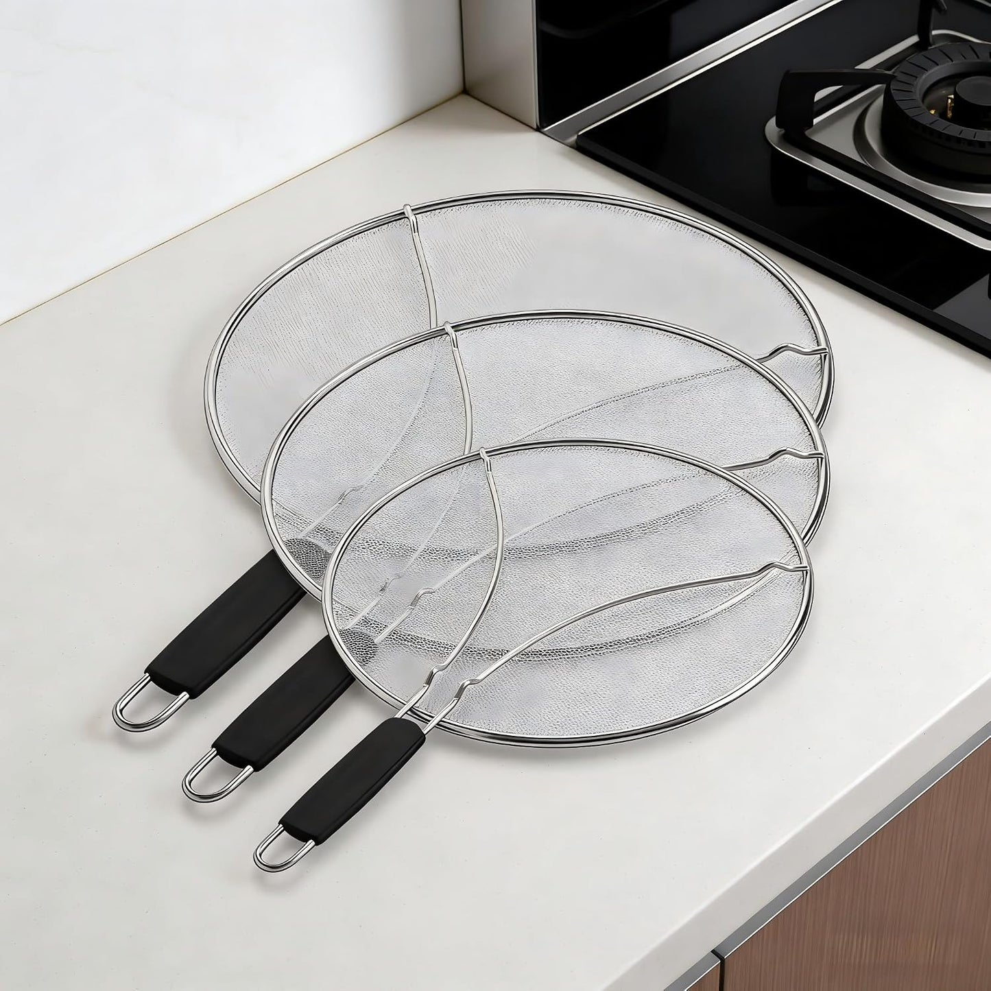 Premium Stainless Steel Grease Splatter Screen for Frying Pans & Cooking Pots, Fine Mesh Oil Splatter Guard with Comfort Grip Handles, 3 Size Set (9.5/11.5/13 Inches) (9.5/11.5inches)