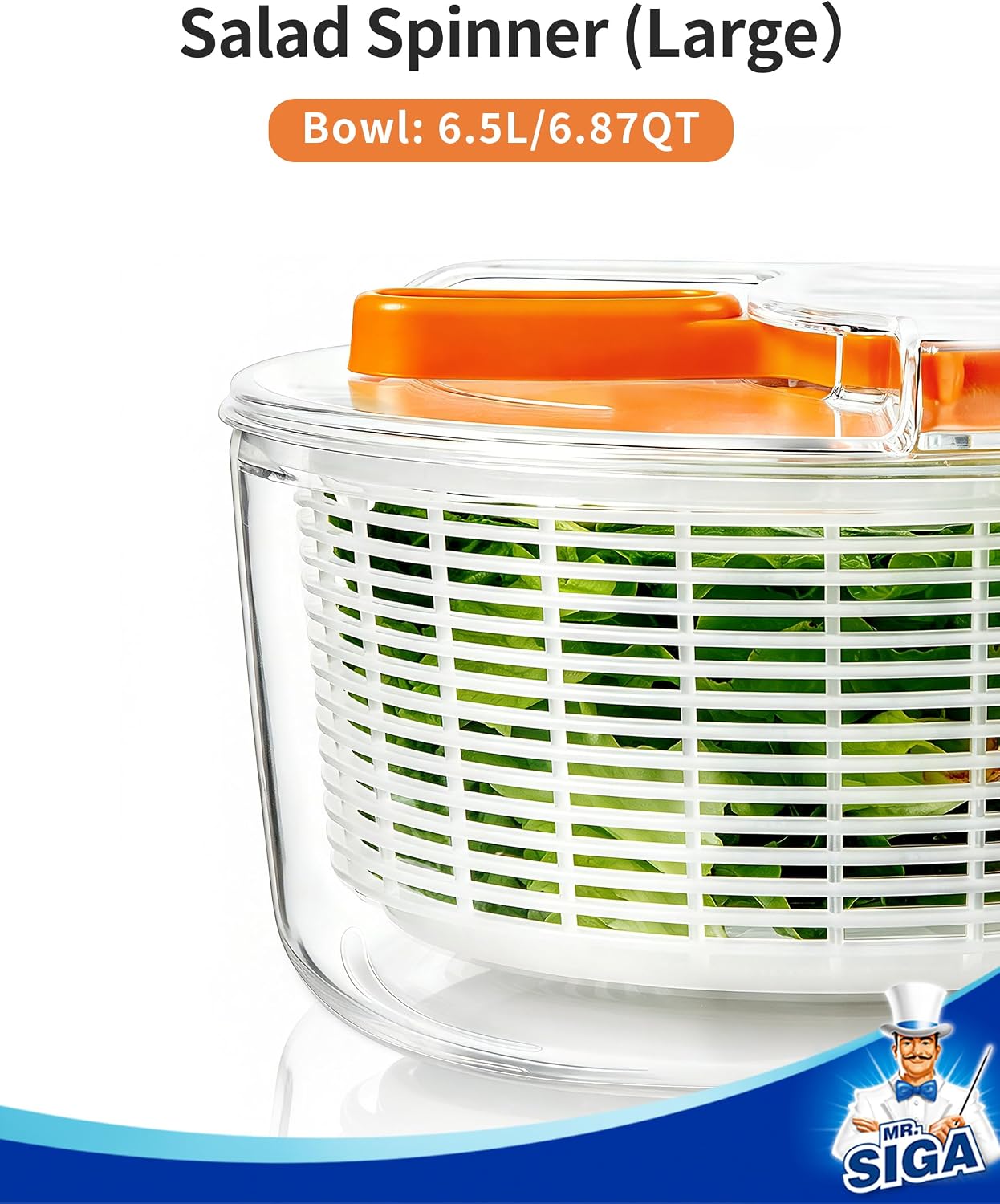 MR.SIGA Large Salad Spinner, Fruit Washing Bowl with Strainer, Salad Dryer for Washing, Spinning, and Draining Greens, Fruits, and Vegetables, 6.87 Quart Capacity