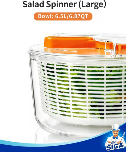 MR.SIGA Large Salad Spinner, Fruit Washing Bowl with Strainer, Salad Dryer for Washing, Spinning, and Draining Greens, Fruits, and Vegetables, 6.87 Quart Capacity