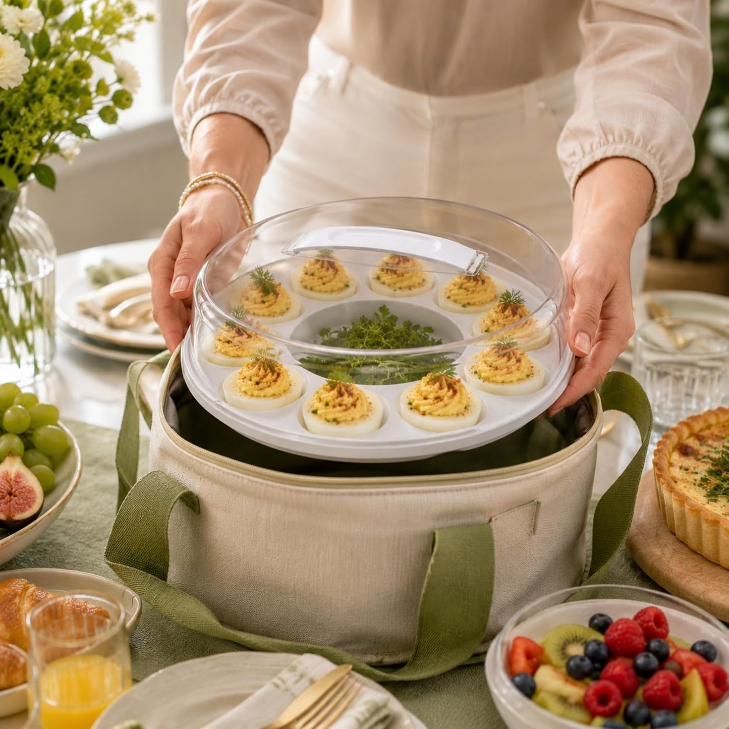Deviled Egg Carrier Tray with Lid, 10.375x3.5 in. BPA Free Covered Serving Platter with Handle, Hold 12 Eggs, Portable Egg Storage Container for Parties Potlucks Picnics Entertaining Food Transport