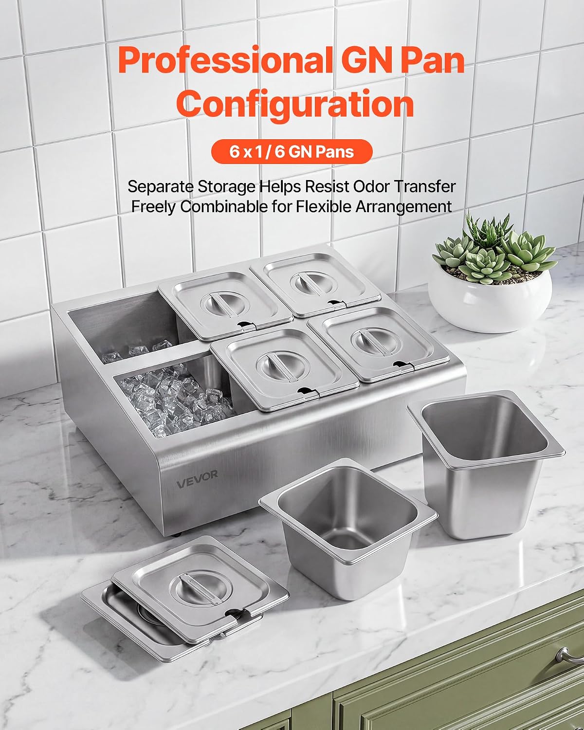 VEVOR Chilled Condiment Server Caddy, 5 Compartment Ice Cooled Serving Container, Plastic Fruit Garnish Tray Platter with Lid, for Taco Salad Bar Accessories, Party Home Restaurant Supplies