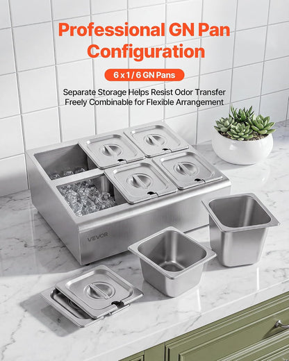 VEVOR Chilled Condiment Server Caddy, 5 Compartment Ice Cooled Serving Container, Plastic Fruit Garnish Tray Platter with Lid, for Taco Salad Bar Accessories, Party Home Restaurant Supplies