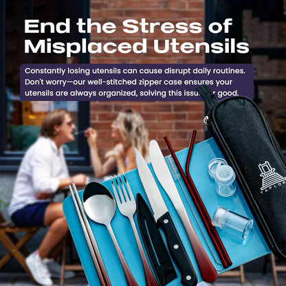 Taplord Portable Travel Silverware Set With Case, Includes 10 Pcs of Travel Utensils With Case, Stainless Steel Flatware Set For Camping, Lightweight (Multi-Color)