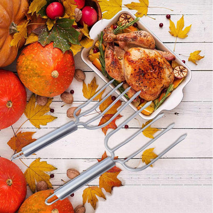 Stainless Steel Turkey fork Set of 2.- Transfer Chicken or Ham Poultry Lifters Easily, Four Needle Meat Fork, Professional Carving Roaster Poultry Forks