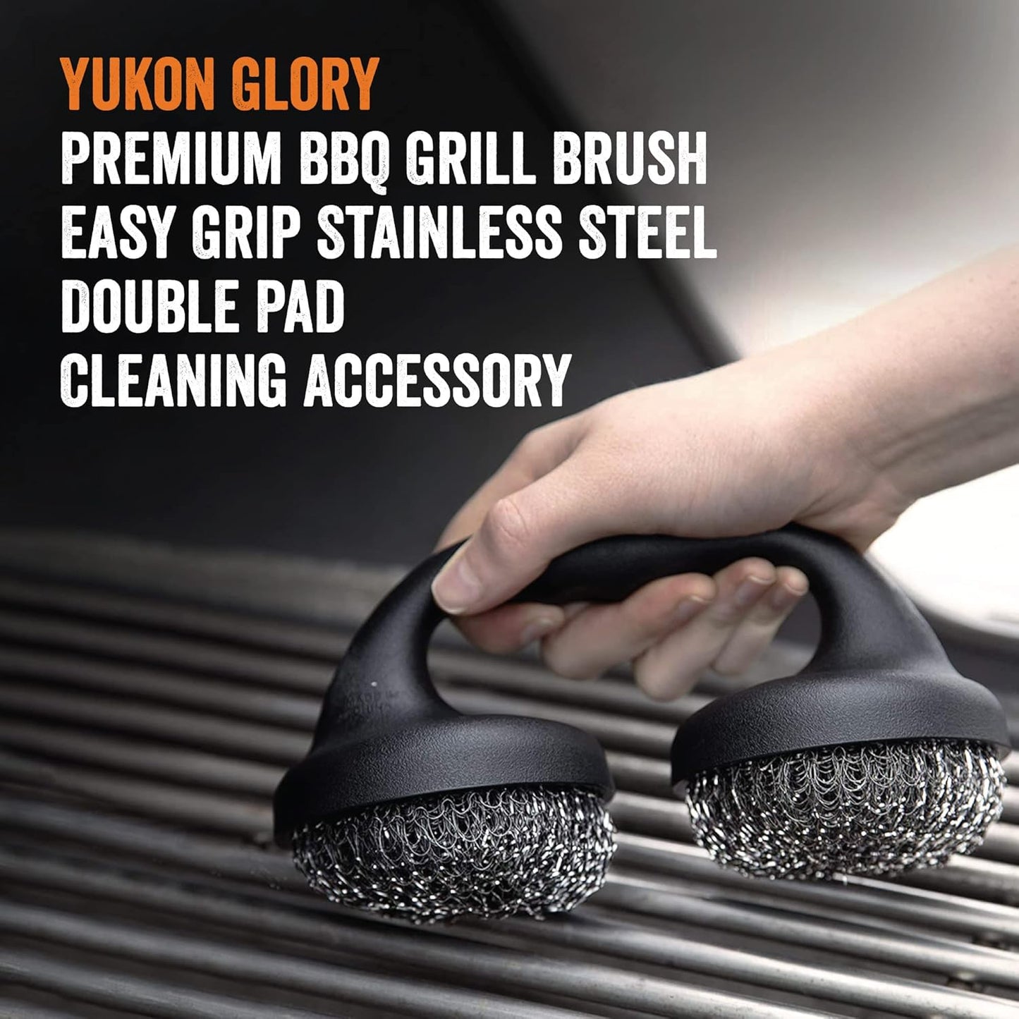 Yukon Glory BBQ Grill Brush, Commercial-Grade Double Stainless Steel Cleaning Pads, Easy-Grip Grill Cleaner for Gas, Charcoal, Porcelain, Ceramic & Cast Iron Grates