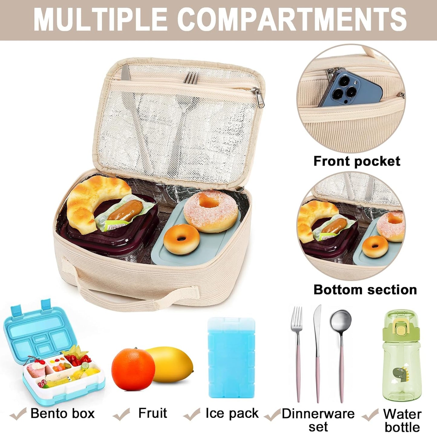 Bluboon Insulated Lunch Bag for Girls & Boys, Corduroy School Lunch Box with Cooler & Organizer Compartments, Leak-Proof Lunch Tote for School, Travel (Corduroy Strawberries Beige)