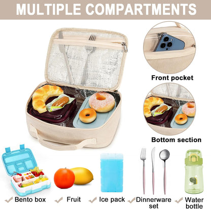 Bluboon Insulated Lunch Bag for Girls & Boys, Corduroy School Lunch Box with Cooler & Organizer Compartments, Leak-Proof Lunch Tote for School, Travel (Corduroy Strawberries Beige)