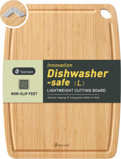 Lightweight Durable Bamboo Cutting Board Set with Non-Slip Feet, Wood Cutting Board for Busy Kitchen, Easy Clean Wooden Chopping Boards with Juice Groove Best House Warming Gift Set of 3 (S+M+L)
