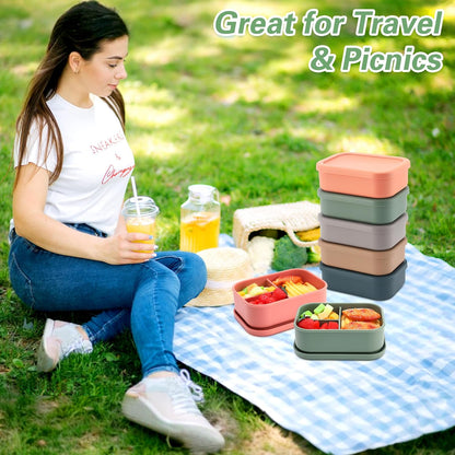 Honeydak 6 Pcs Silicone Bento Box Reusable Silicone Bento Lunch Container for Adults Microwave Dishwasher Freezer Safe 3 Compartment (Light Colors)