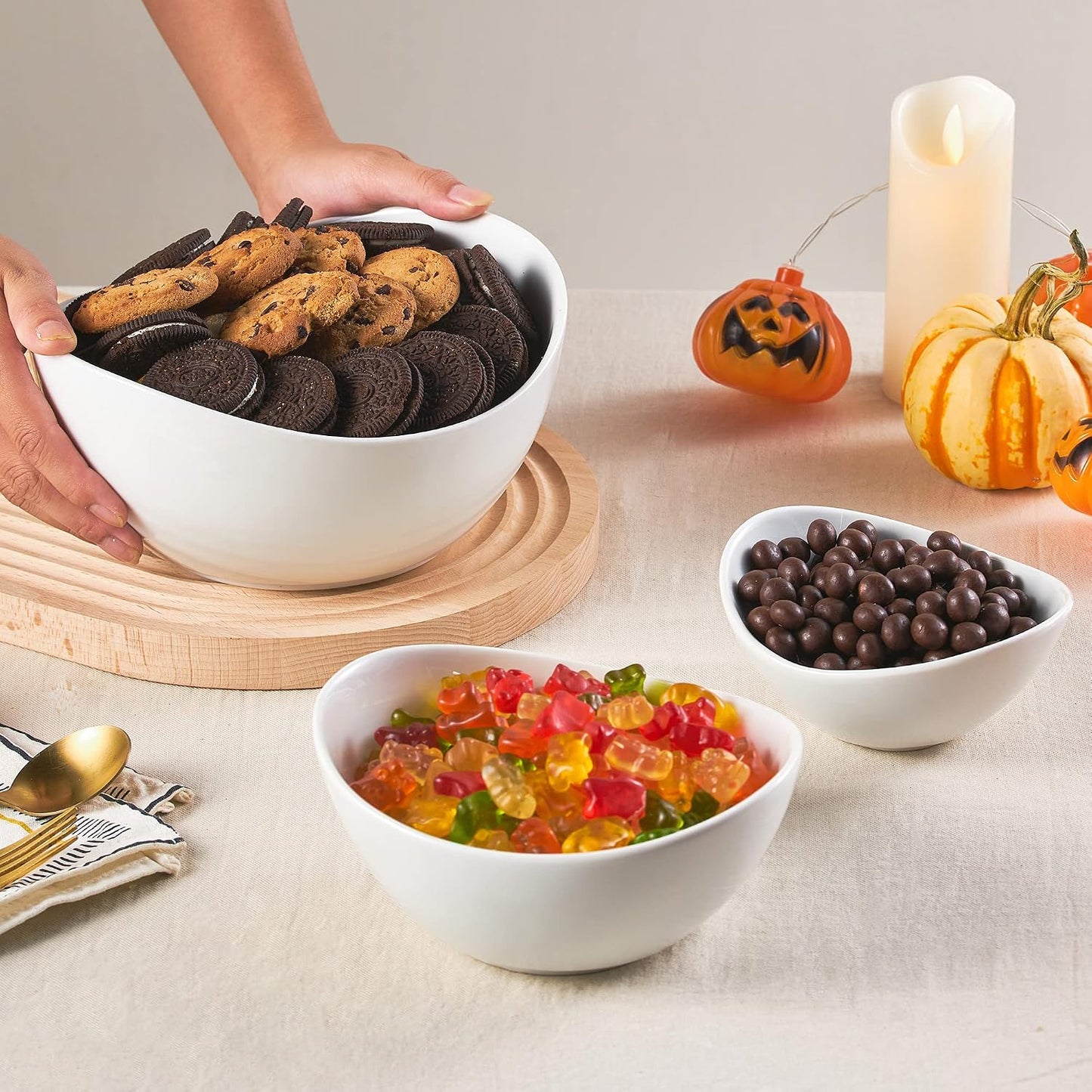 LYEOBOH 3 Tier Serving Bowls Set Tiered Serving Stand, Porcelain Oval Bowls with Collapsible Metal Stand for Entertaining, Party, Dessert Display, Candy, Chip and Dip (Gold)-45oz / 17.5oz / 7oz