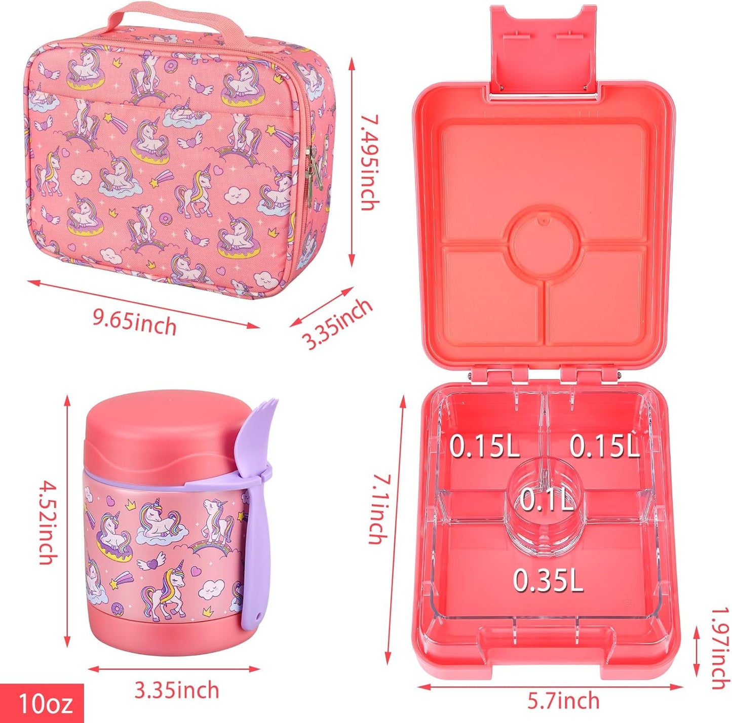 Bento Lunch Box Set for Kids with 10oz Soup Thermo, Leak-Proof Lunch Containers with 4 Compartment, Kids Thermo Hot Food Jar and Insulated Lunch Bag for Kid to School,BPA-Free(Dragon)