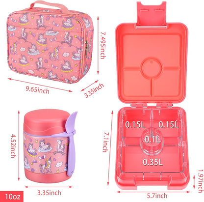 Bento Lunch Box Set for Kids with 10oz Soup Thermo, Leak-Proof Lunch Containers with 4 Compartment, Kids Thermo Hot Food Jar and Insulated Lunch Bag for Kid to School,BPA-Free(Dragon)