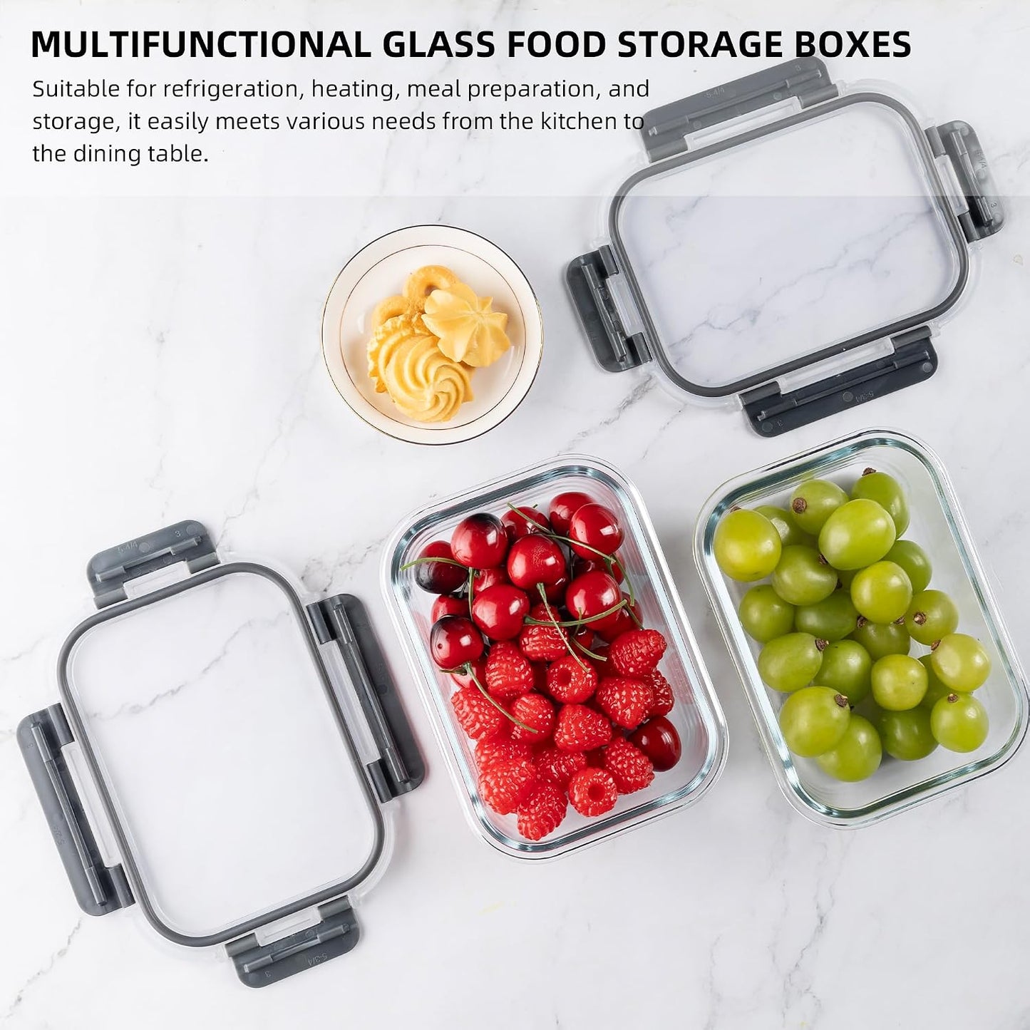 10 Pack 22 oz Glass Meal Prep Containers, Food Storage Containers with Lids, Airtight Leakproof Lunch Containers for Kitchen, Freezer, Microwave, Dishwasher Safe (Grey)