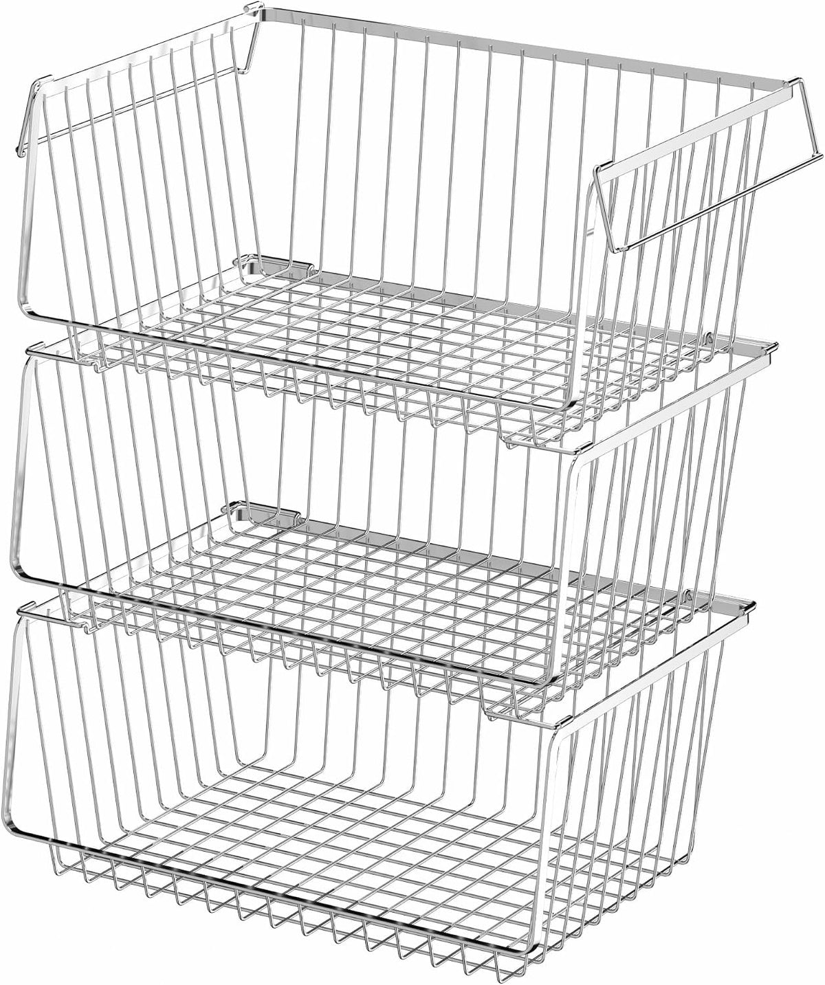 Wire Storage Basket Stackable Organizer Storage Baskets Bins Sturdy Metal Organization with Handles for Pantry, Kitchen, Closets, Bathroom, Cabinets, Kitchen, Set of 3