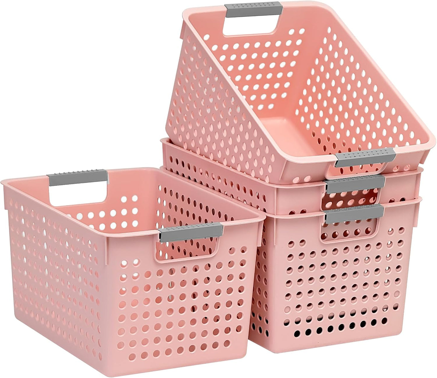 Soddeph 4 Pack Plastic Storage Basket with Handles, Small Deep Organizer Bin with Hollow Design for Under Counter, Shelf, Closet, Kitchen or Bathroom (White, Small)