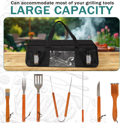 Grill Tool Storage Bag, Large Grill Utensil Storage Caddy with Pockets, BBQ Tools Storage Bag for Outdoor Camping(Brown)
