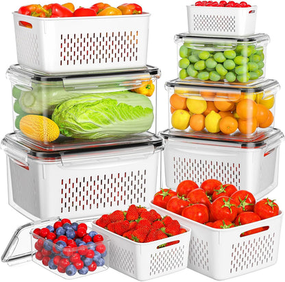 HOMETALL 5 Pack Fruit Storage Containers for Fridge, Plastic Fruit Containers for Fridge with Removable Colanders, Leakproof Fridge Organizers and Storage for Berry Vegetable Salad Lettuce Meat Food