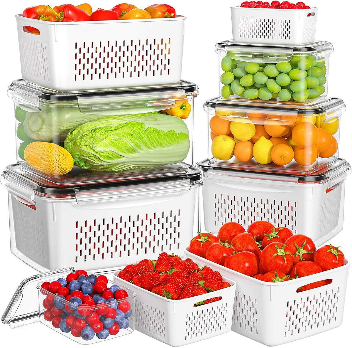 HOMETALL 6 PCS Fruit Storage Containers for Fridge with 6 Removable Colanders, BPA Free Produce Containers for refrigerator, Dishwasher & Microwave Safe Food Containers Keep Fruit, Salad, Berry, Fresh