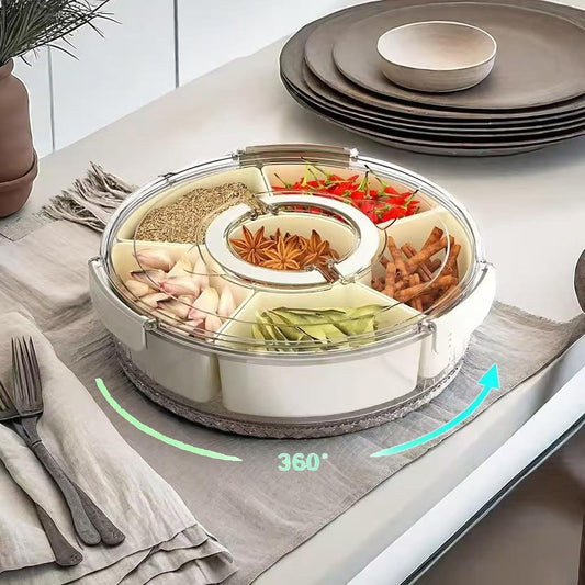 Divided Serving Tray with Lid and Handle,6 Compartments Portable Divided Snackle Box Container,Round Portable Snack Tray Veggie Tray with Lid,Clear Lazy Susan Snack Box for Fruit,Veggie,Candy,Nuts