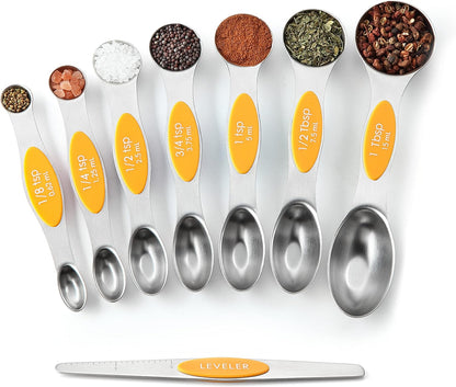 Spring Chef Stainless Steel Magnetic Measuring Spoons Set with Strong N45 Magnets, Heavy Duty Metal Kitchen Gadgets for Baking & Cooking, Fits in Most Kitchen Spice Jars, Set of 8 with Leveler, Black