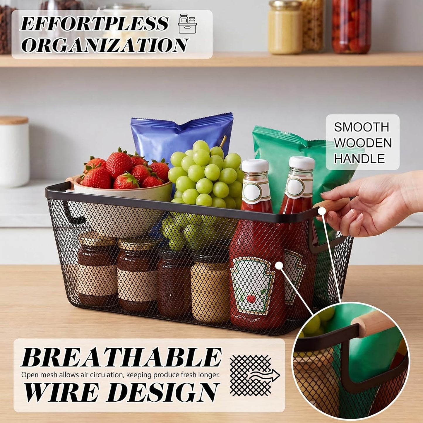 Sawysine 6 Pack Wire Mesh Baskets for Organizing with Wooden Handles 12.2 x 8.27 x 5.51 Inch Metal Mesh Storage Bins Black White Gray Fruit Vegetable Containers for Pantry Kitchen Office