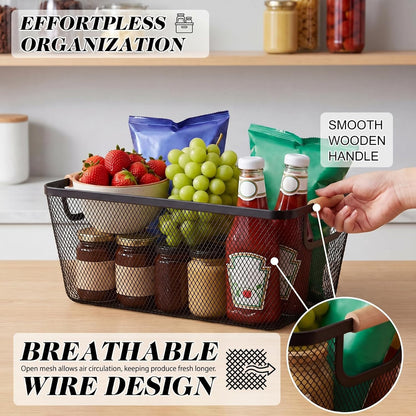 Sawysine 6 Pack Wire Mesh Baskets for Organizing with Wooden Handles 12.2 x 8.27 x 5.51 Inch Metal Mesh Storage Bins Black White Gray Fruit Vegetable Containers for Pantry Kitchen Office
