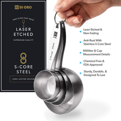DI ORO Stainless Steel Measuring Cups & Spoons Set - 8-Piece Kitchen Set for Cooking & Baking - Food Grade Metal, Liquid Measuring, Dishwasher Safe