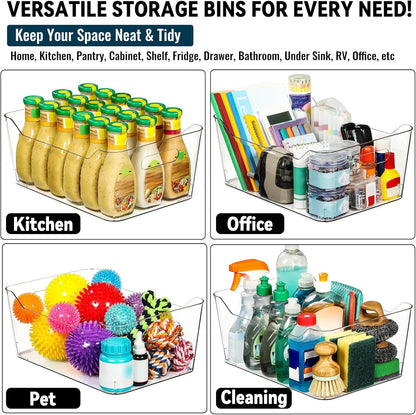 12 PACK Multi-Use Clear Plastic Storage Bins for Organizing w/Labels - Home, Kitchen, Pantry, Bathroom, Office, Cabinet Shelf Organizer Bins - SOHO Collection, RV, Fridge Organization Containers - L