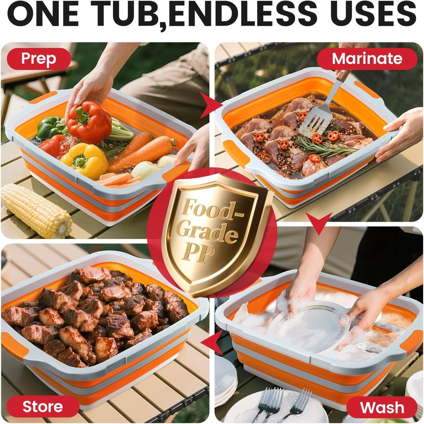 BBQ Prep Tub 3-IN-1 Large 16L Collapsible Cutting Board with Locking Lid for Meal Prep Marinating Food, Camping Sink with Colander, Dish Basin, Storage Blanket for Camping Picnic BBQ, Black