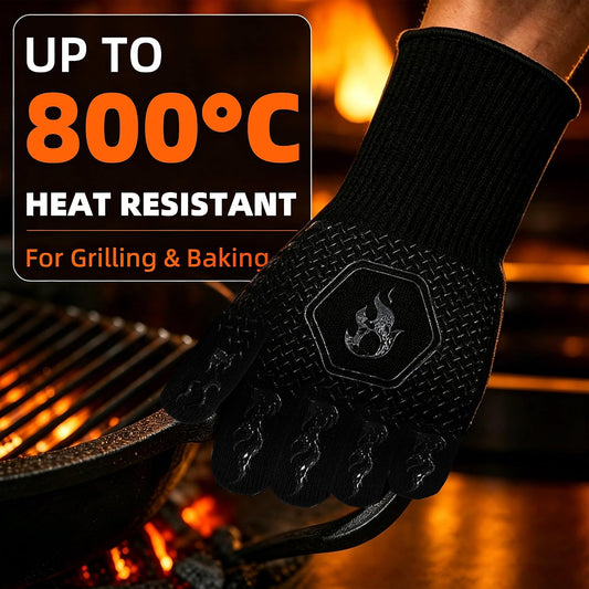 BBQ Oven Gloves,1472°F, Double-Sided Silicone, Non-Slip Super Grip, Heat Resistant, 3-Layer Heat Resistant, with Hanging Hook Kitchen for Cooking, Grilling, and Baking (Black)