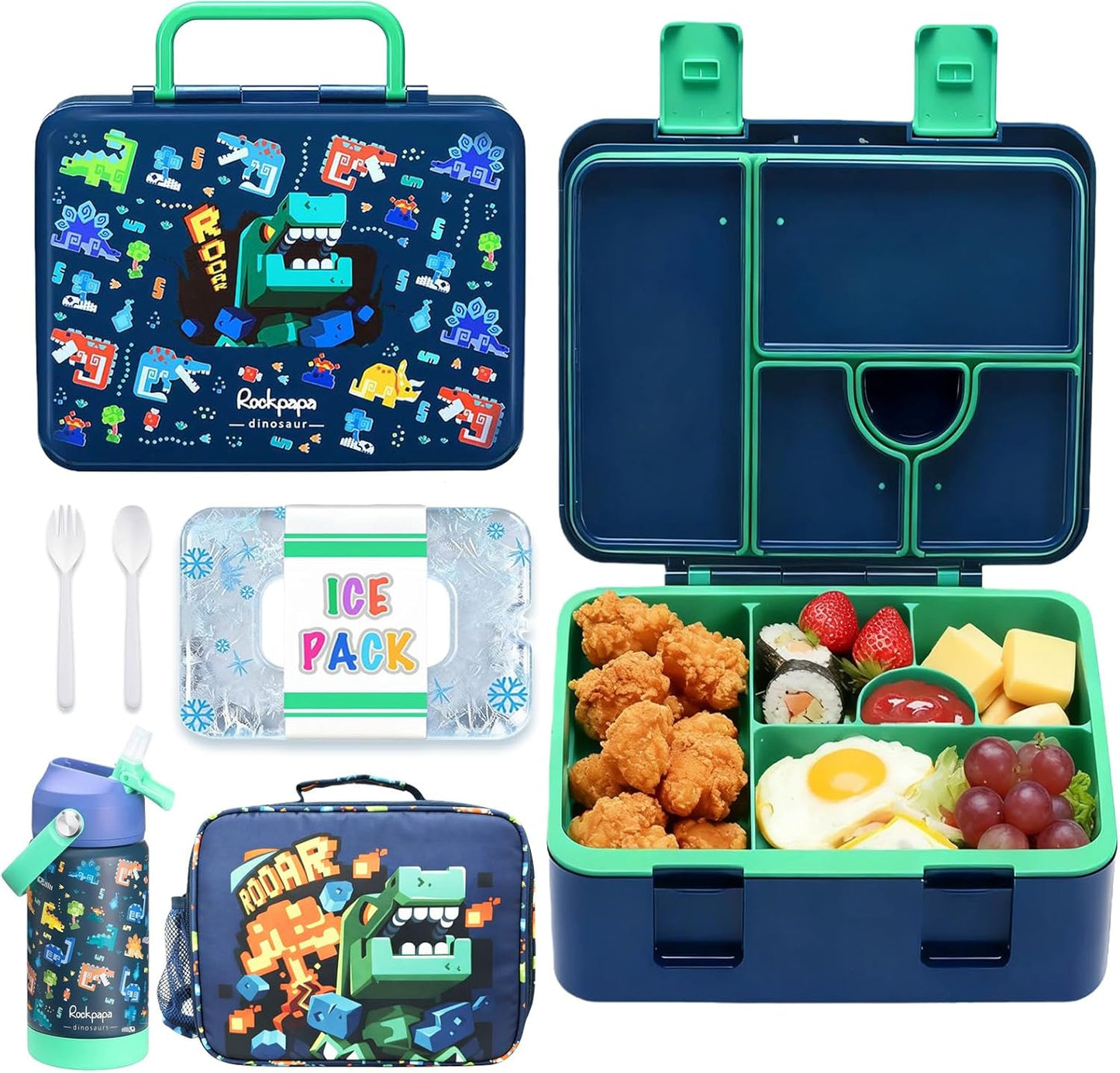 rockpapa Chill Kids Lunch Box Set with Leakproof 5.5 Cups Bento Box, Reusable Ice Pack, 14oz Insulated Water Bottle & Lunch Bag, BPA-Free Microwave Safe for School Boys Girls (Black Games)