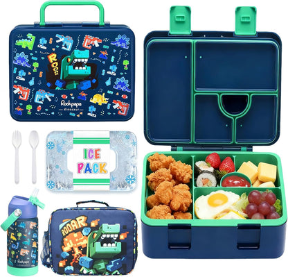 rockpapa Chill Kids Lunch Box Set with Leakproof 5.5 Cups Bento Box, Reusable Ice Pack, 14oz Insulated Water Bottle & Lunch Bag, BPA-Free Microwave Safe for School Boys Girls (Black Games)