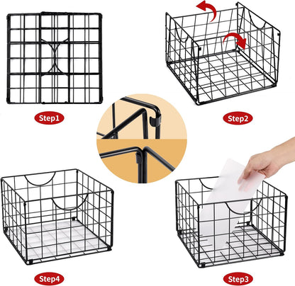 DINGTAI Metal Wire Basket Organizer Foldable Set of 6, Food Storage Mesh Bin with PVC Sheet, Freezer Organizer Bins for Pantry Closet Bathroom-Black