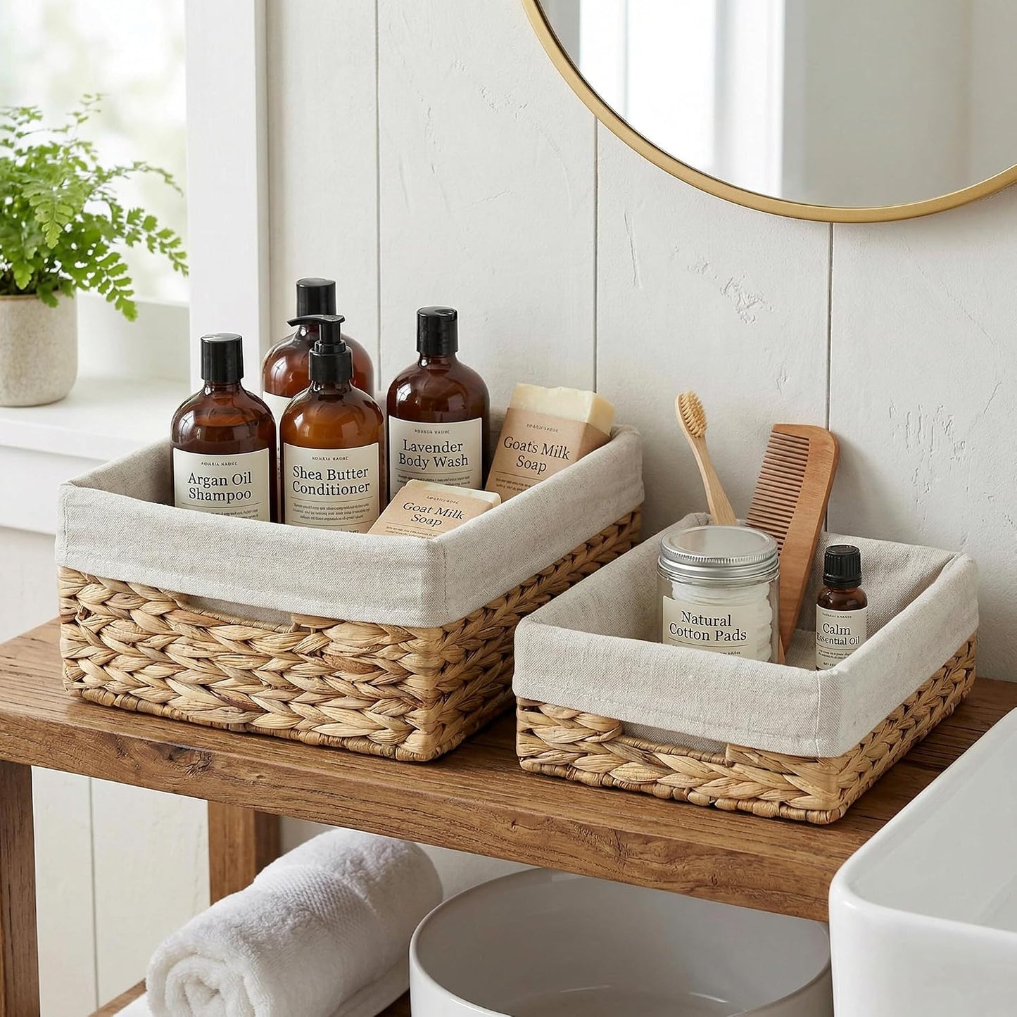 Set of 2 Hyacinth Woven Baskets, Lined Rect Pantry Shelf Storage Organizer | Durable, Long-lasting use, Removable & Washable Liner, Multi-Size Set for Versatile Storage,Two Rectangular Baskets