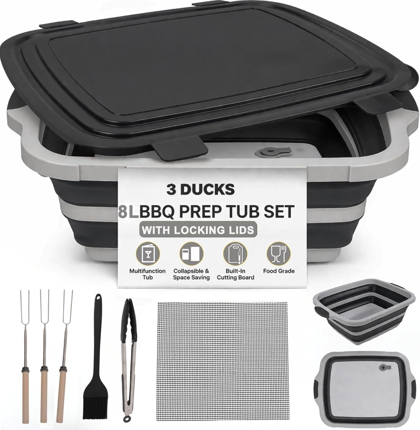 Collapsible BBQ Prep Tub 8L Black | Portable Meat Marinating Container with Locking Cutting Board Lid, BBQ Tongs, 2 Meat Shredding Claws & 2 Heat-Resistant Grill Gloves for Camping & Grilling