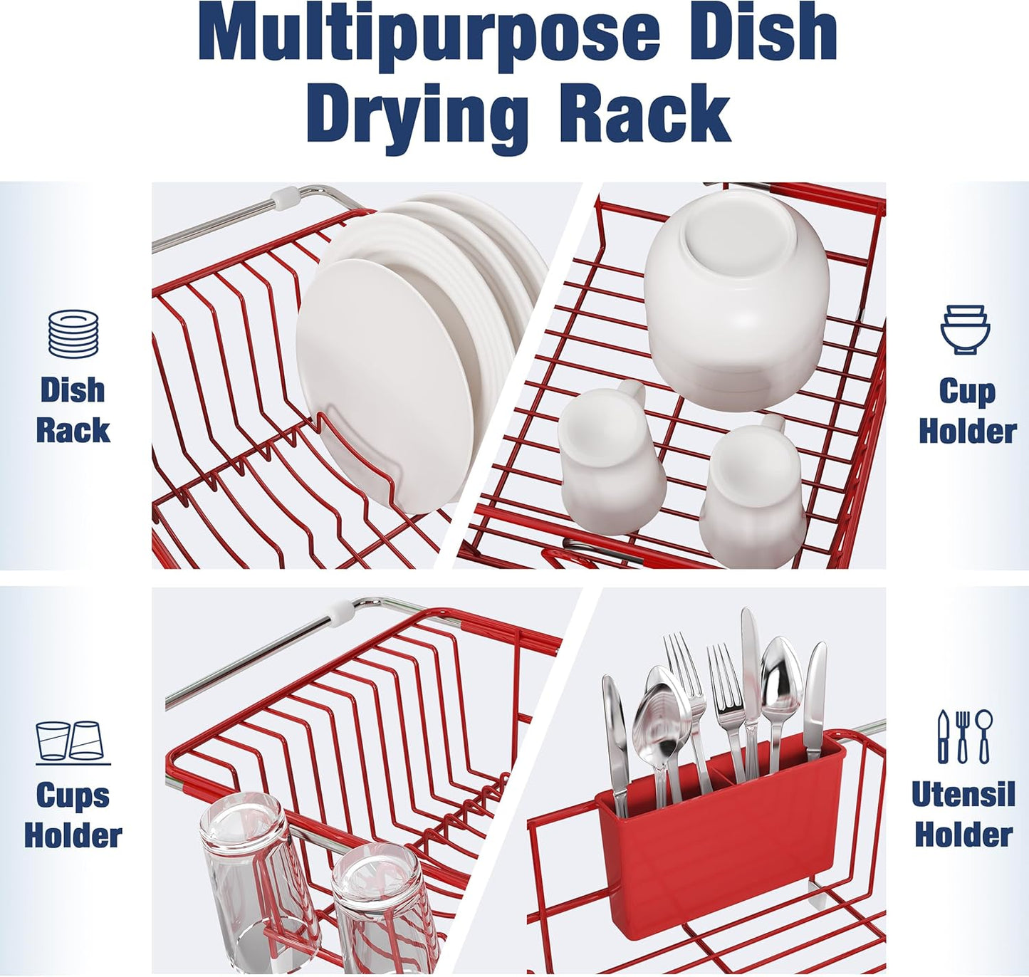 JASIWAY Dish Drying Rack in Sink, Expandable Stainless Steel Dish Drainers for Kitchen Counter, Dish Dryer Rack for Inside Sink, Over The Sink Dish Racks with Utensil Holder, Silver