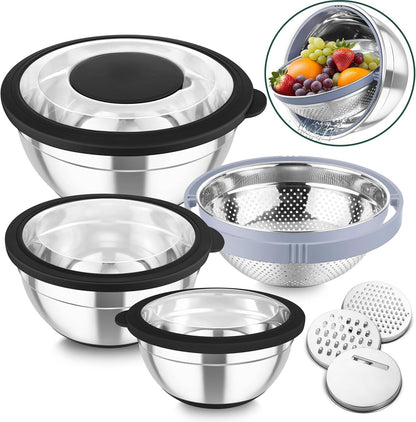 TeamFar Mixing Bowls with Colander Set, Stainless Steel Strainer and Nesting Salad Bowls, with Lids & 3 Graters, Non-Slip Bottom & Visible Lid, Rotatable & Dishwasher Safe, 4.6/3/1.5 QT, Khaki